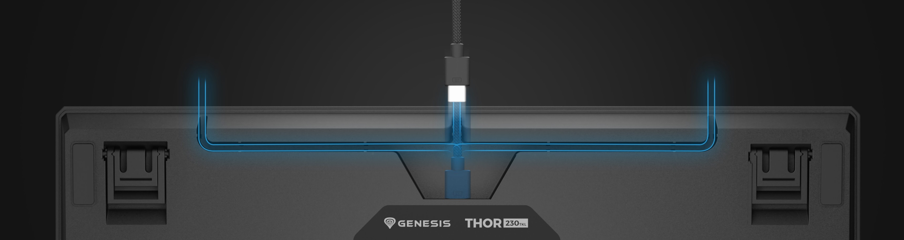 Vedere de sus a tastaturii mecanice Genesis Thor 230 TKL Lite, cu conector USB-C și iluminare RGB personalizabilă