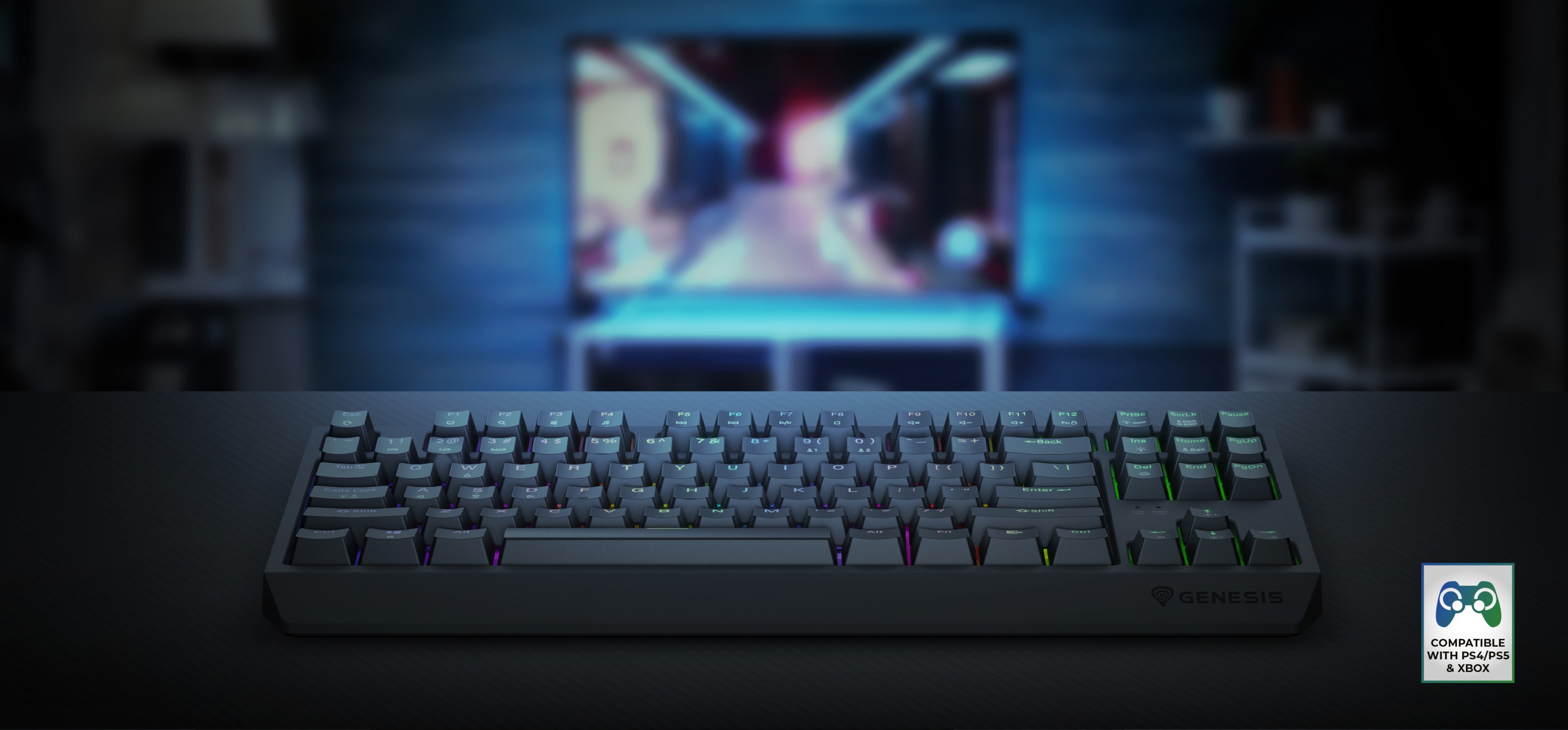 Tastatură mecanică de gaming RGB fără fir cu comutatoare Outemu, afișată pe un fundal neclar al unei configurații de gaming