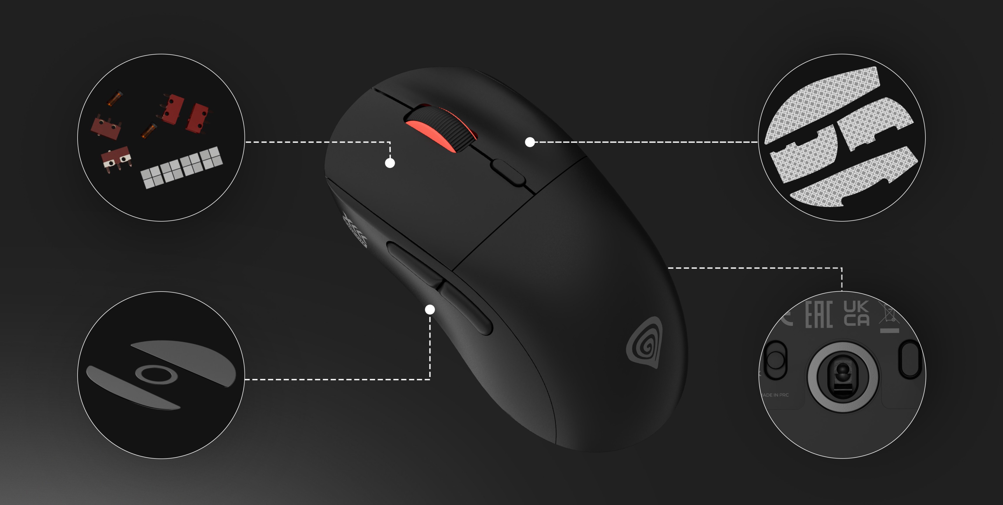 Mouse-ul de gaming fără fir Genesis Zircon XIII în negru, care evidențiază caracteristici precum butoane personalizabile și sensibilitate DPI ridicată