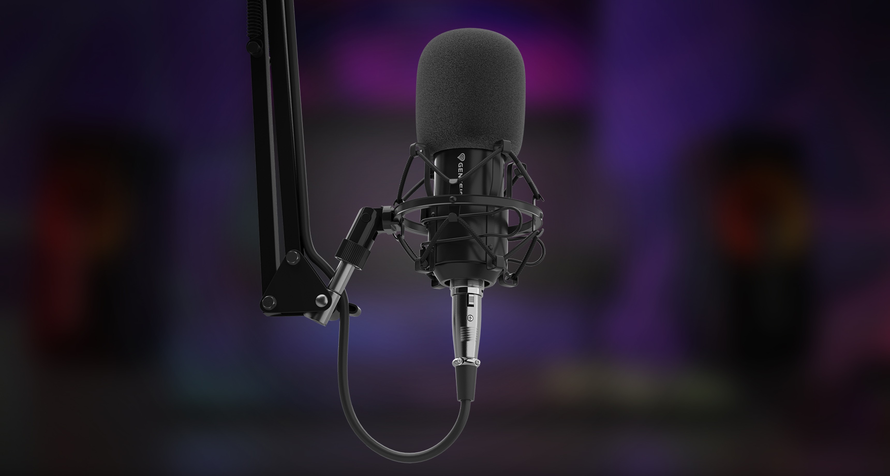 Microfon profesional montat pe un braț reglabil, cu filtru pop și conexiune XLR pentru utilizare în studio