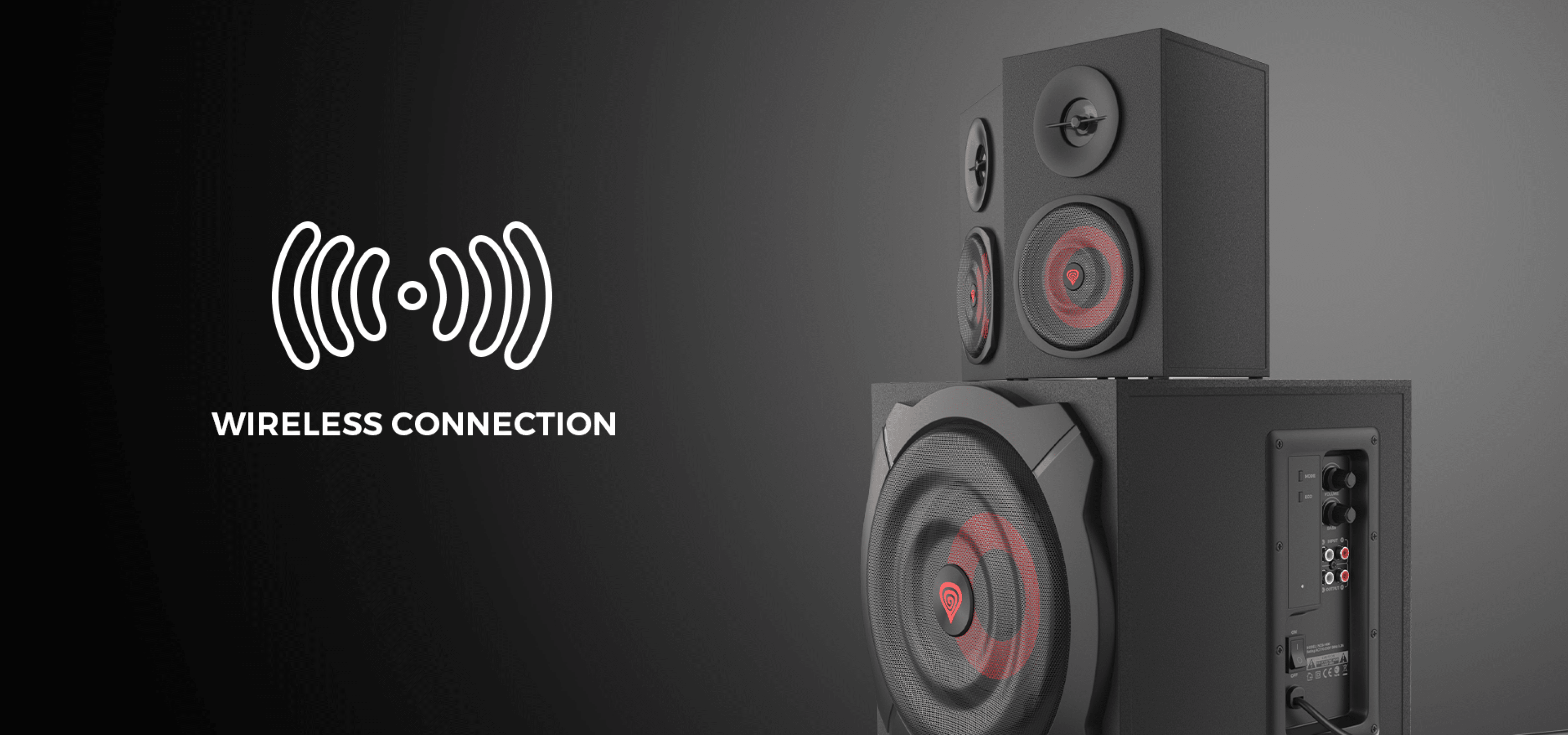 Două difuzoare negre Genesis Helium 610BT 2.1 cu un subwoofer, cu un simbol de conectare fără fir și telecomandă pe un cablu