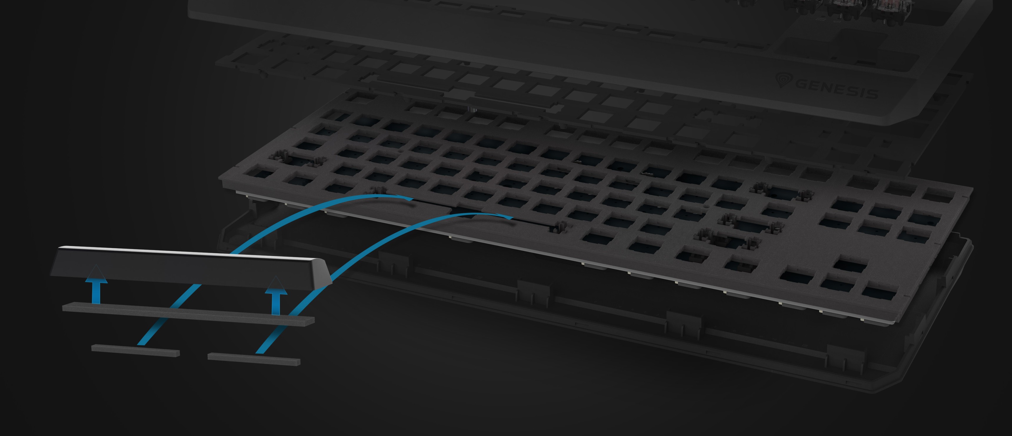 Prim plan al tastaturii mecanice Genesis Thor 230 TKL Lite, care evidențiază comutatoarele de taste interschimbabile la cald și designul negru