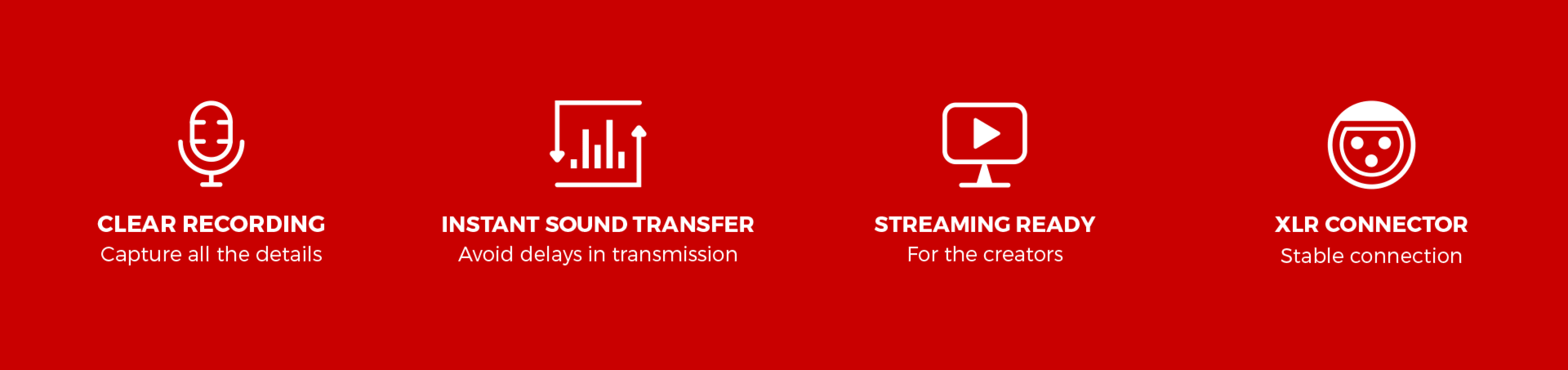 Grafic care evidențiază caracteristicile microfonului Genesis Radium 300: înregistrare clară, transfer instantaneu de sunet, disponibilitate de streaming și conector XLR