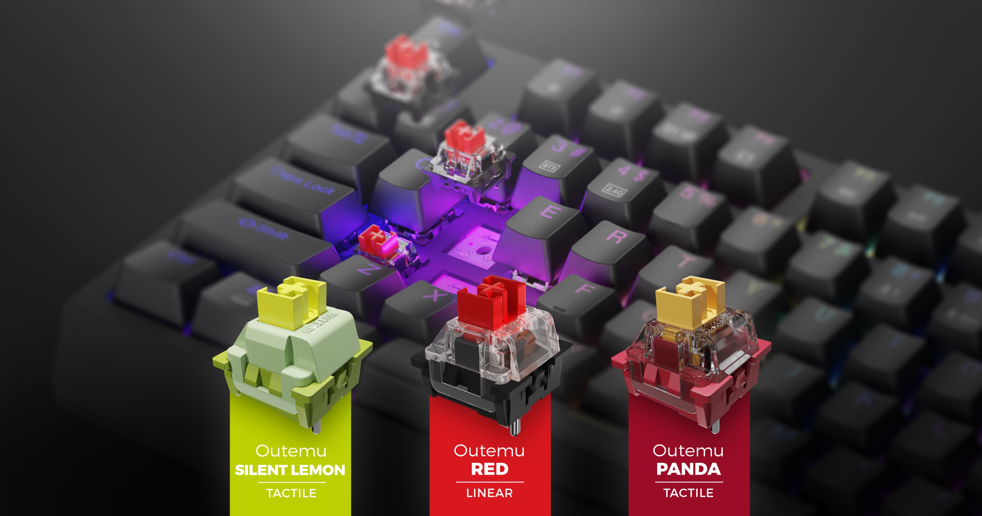 Prim plan al unei tastaturi de gaming cu iluminare RGB personalizabilă și trei tipuri de comutatoare Outemu: Silent Lemon, Red și Panda