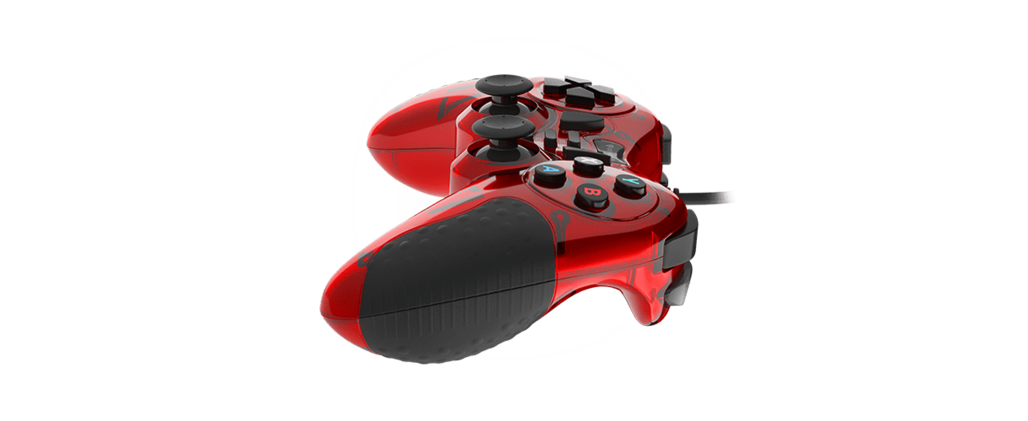 Gamepad roșu cu fir pentru PC cu butoane multiple și mâner ergonomic, proiectat pentru confort și control în jocuri