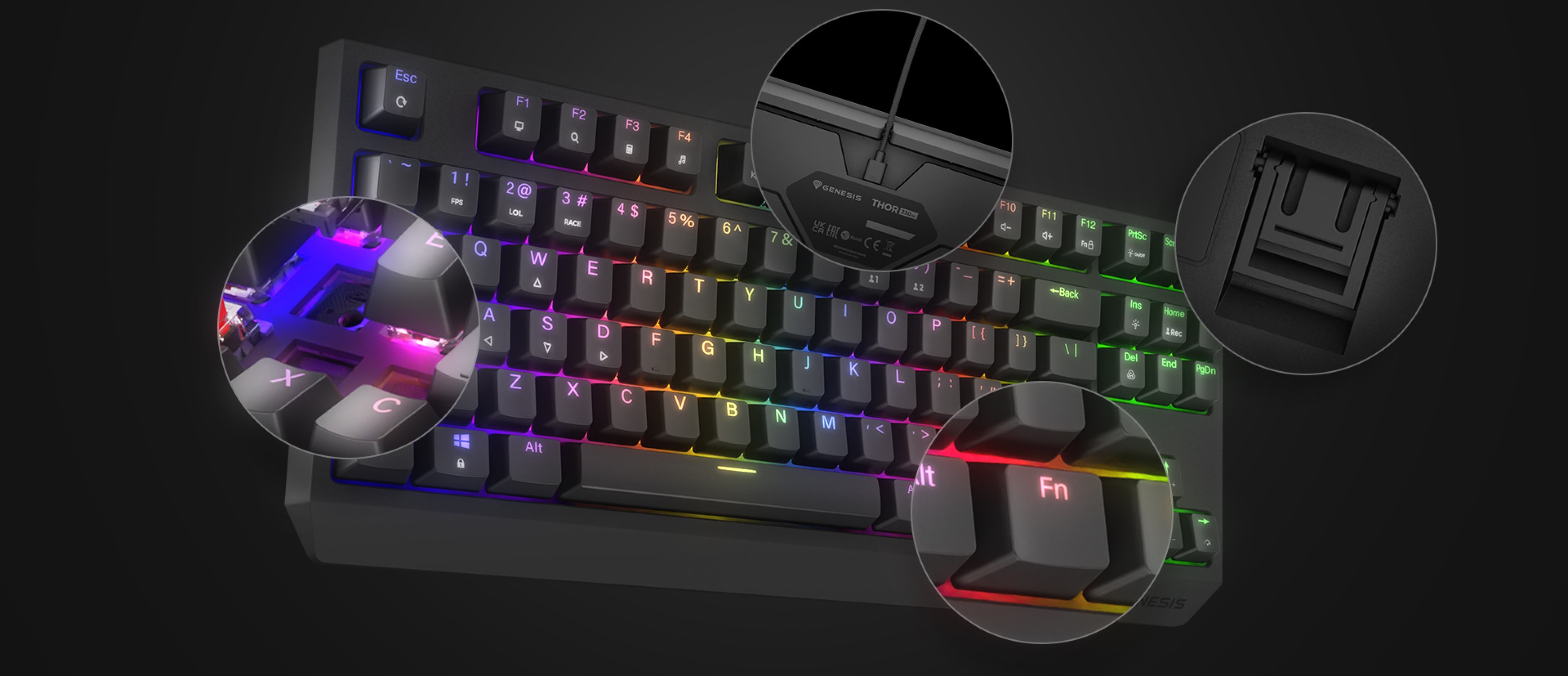 Tastatură mecanică de gaming cu iluminare RGB personalizabilă, comutatoare de taste hot-swap și un layout TKL compact