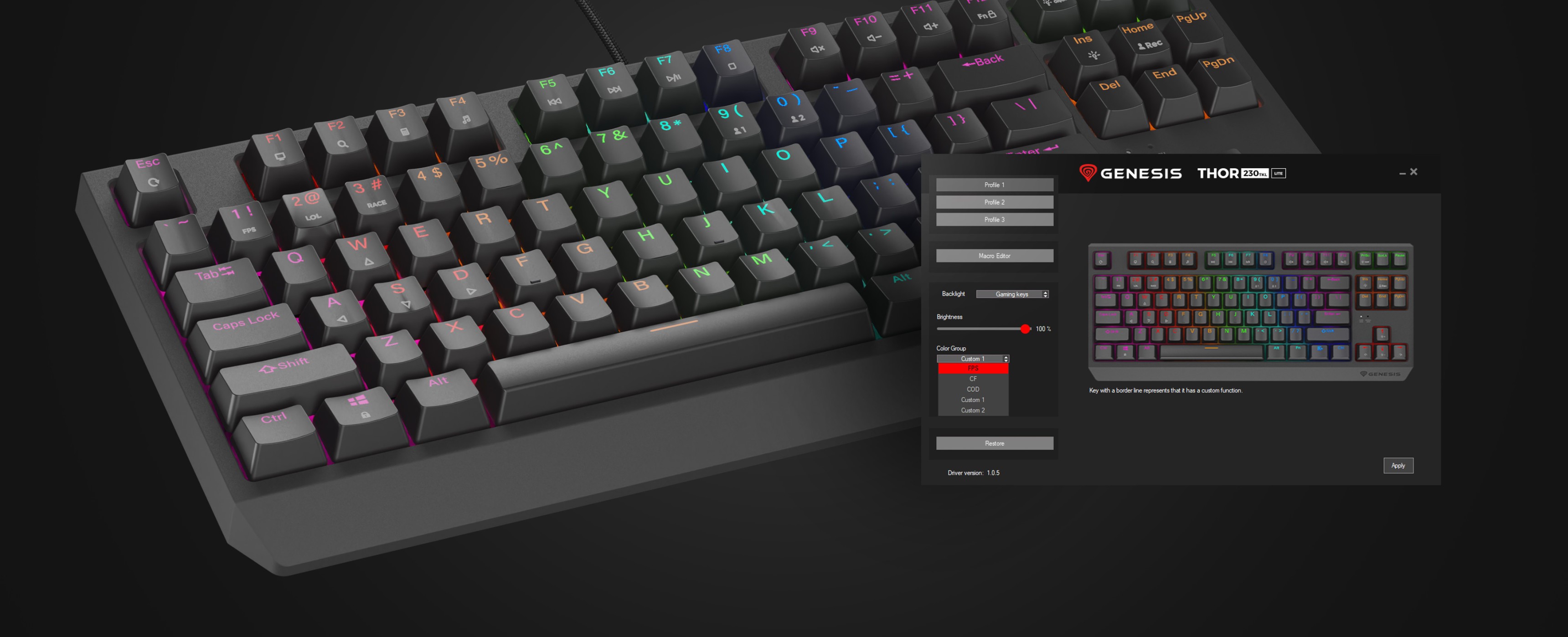 Tastatura mecanică de gaming Genesis Thor 230 TKL Lite cu iluminare RGB personalizabilă și interfață software afișată