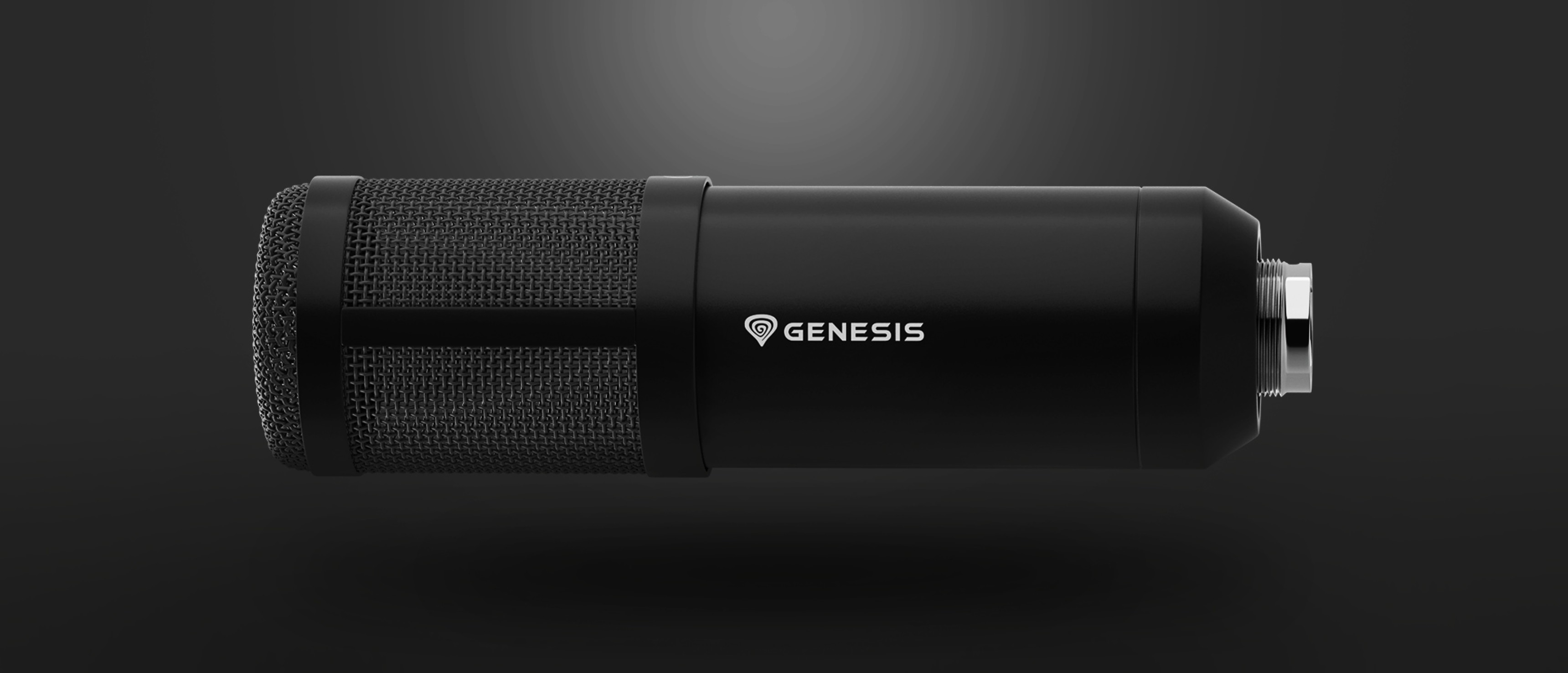 Microfon de studio negru cu grilă din plasă și logo Genesis, proiectat pentru înregistrări audio profesionale