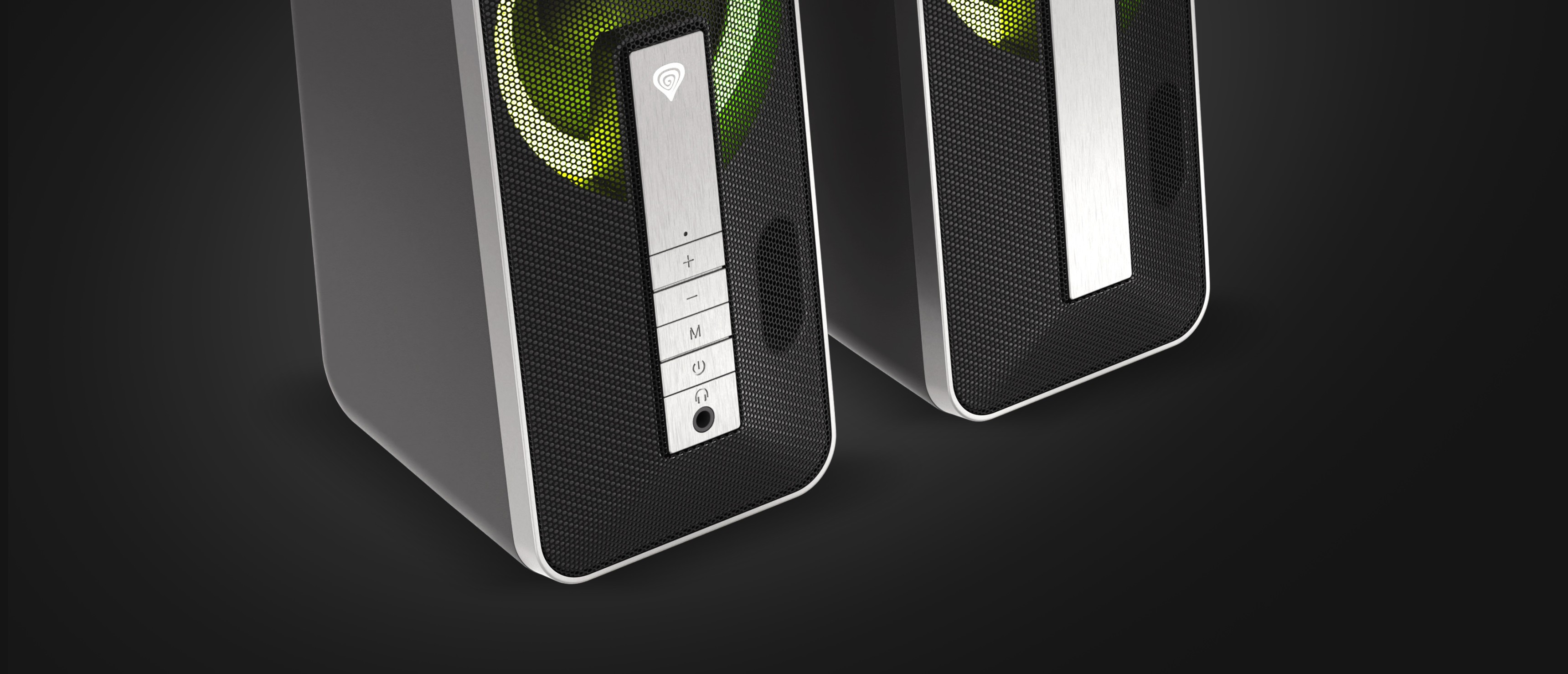 Difuzoare Bluetooth negre cu iluminare RGB și butoane de control pe partea frontală, care prezintă un design modern