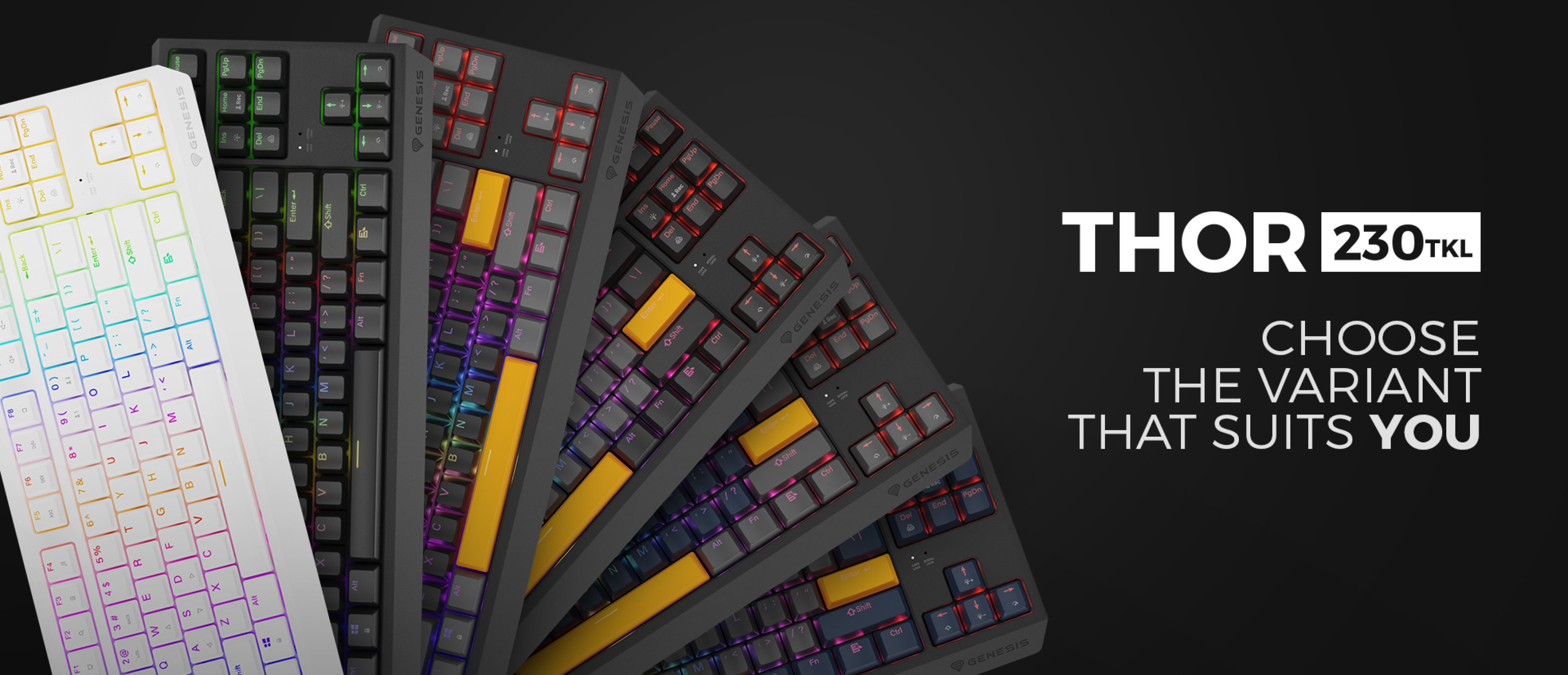 Diferite modele ale tastaturii mecanice de gaming Genesis Thor 230 TKL, prezentând diferite culori și tipuri de comutatoare