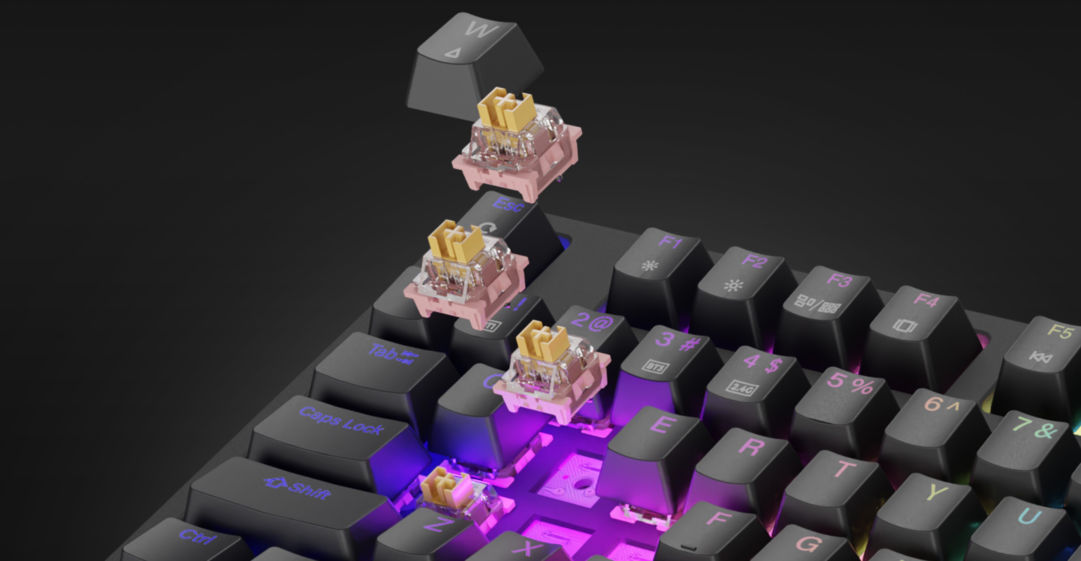 Tastatură mecanică de gaming fără fir cu comutatoare Outemu, iluminare de fundal RGB și un design TKL compact cu capacele de taste îndepărtate