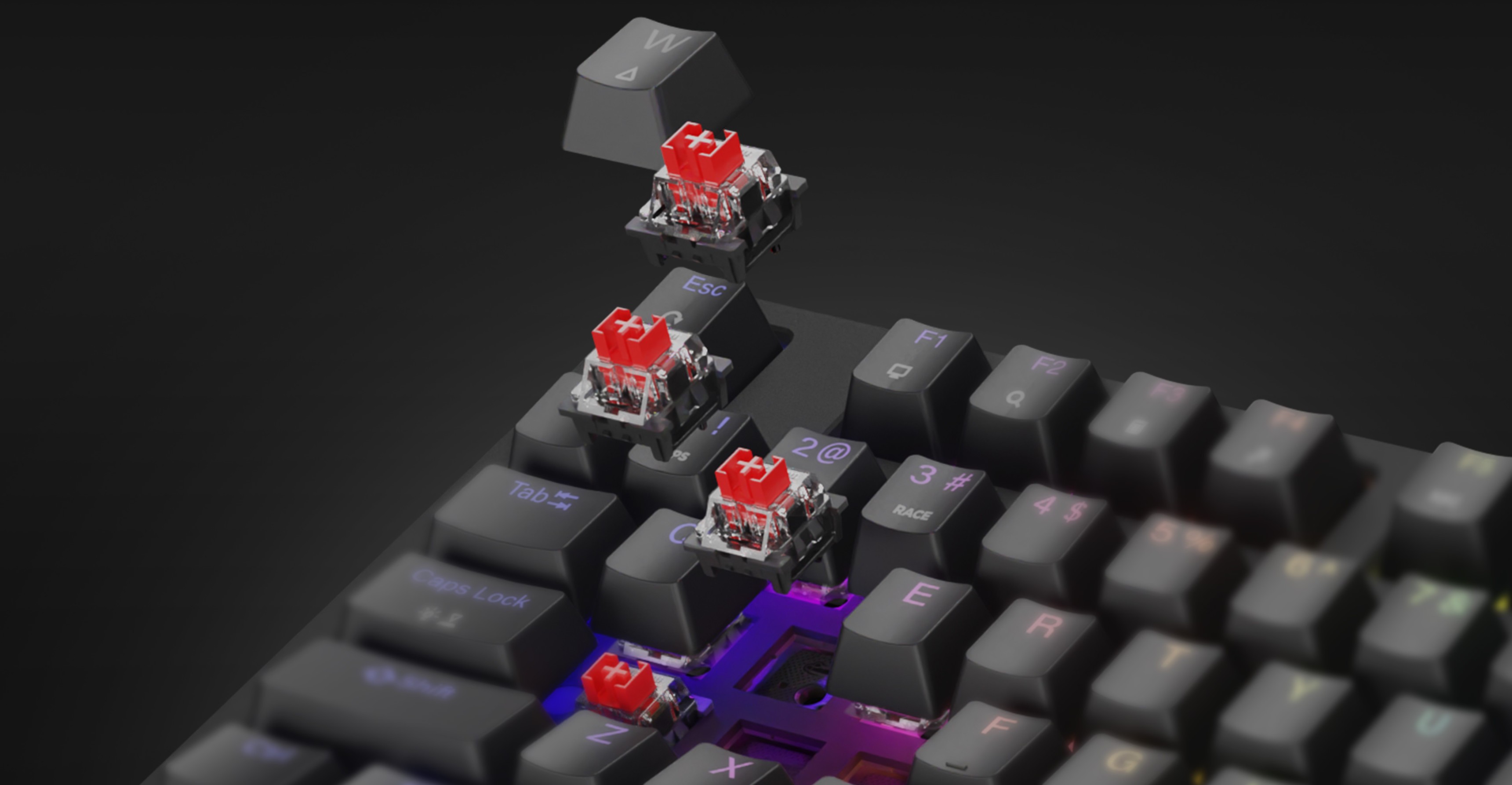 Tastatură mecanică de gaming cu comutatoare roșii și iluminare RGB curcubeu, cu taste și comutatoare interschimbabile la cald