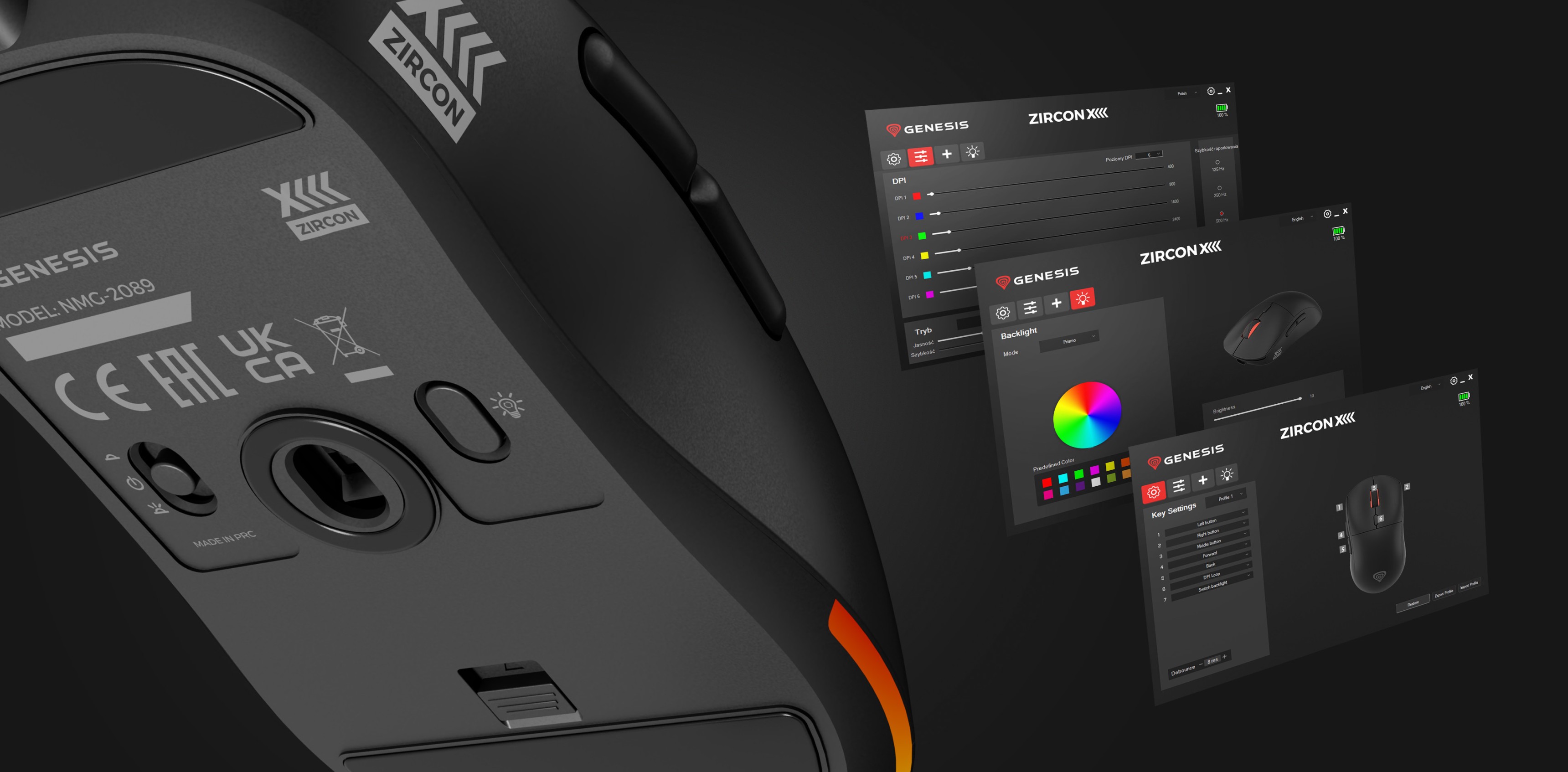 Mouse de gaming wireless cu setări personalizabile și un DPI de până la 26000. Include interfață software afișată pe ecran