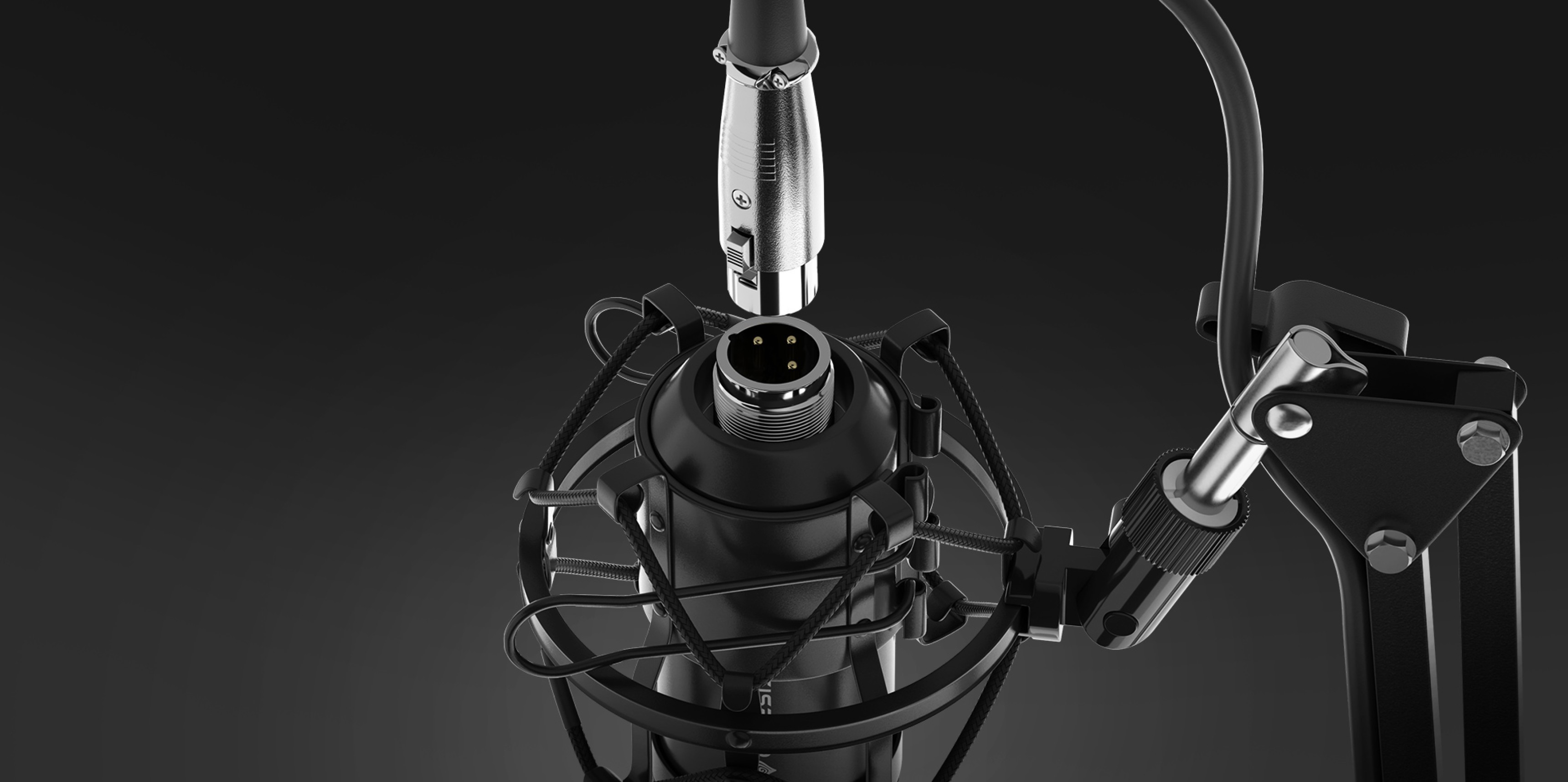 Prim plan al microfonului de studio Genesis Radium 300 cu conector XLR și filtru pop, montat pe un braț robust