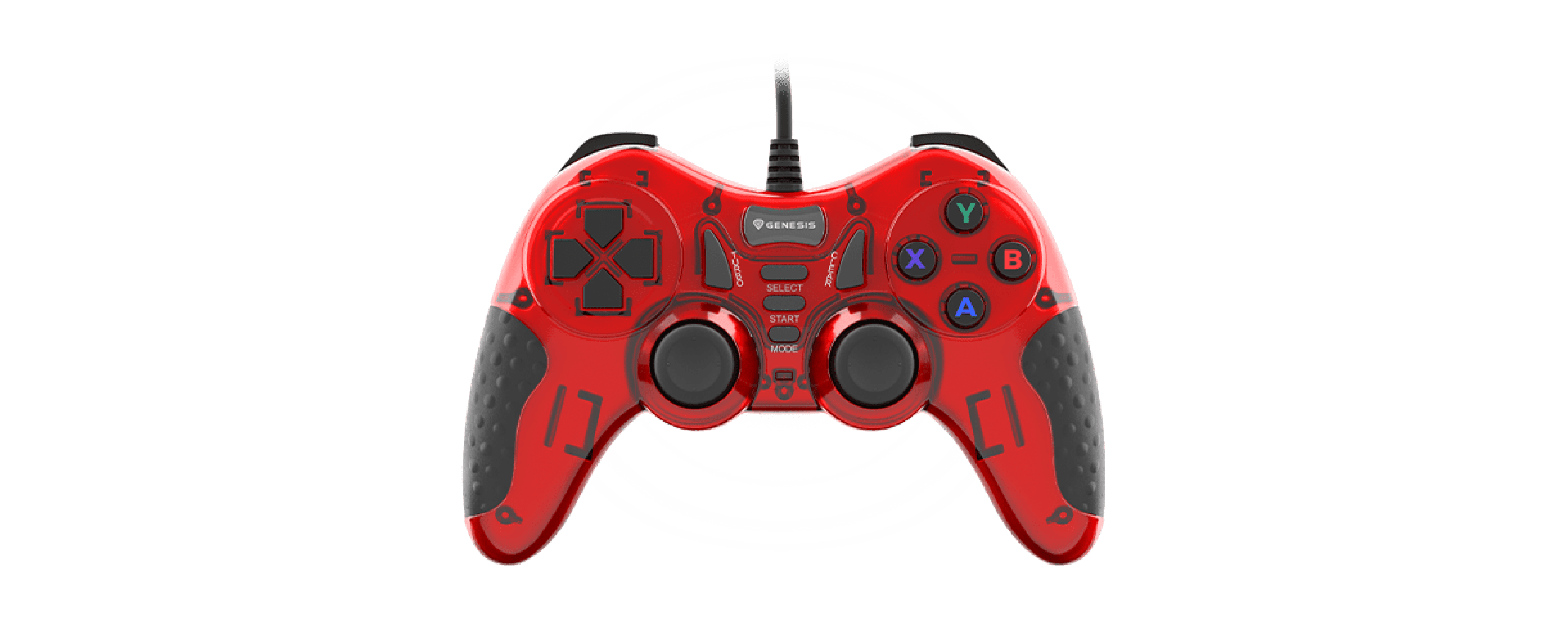 Gamepad Genesis Mangan 200 cu fir pentru PC, roșu, cu două stick-uri analogice și diverse butoane de control