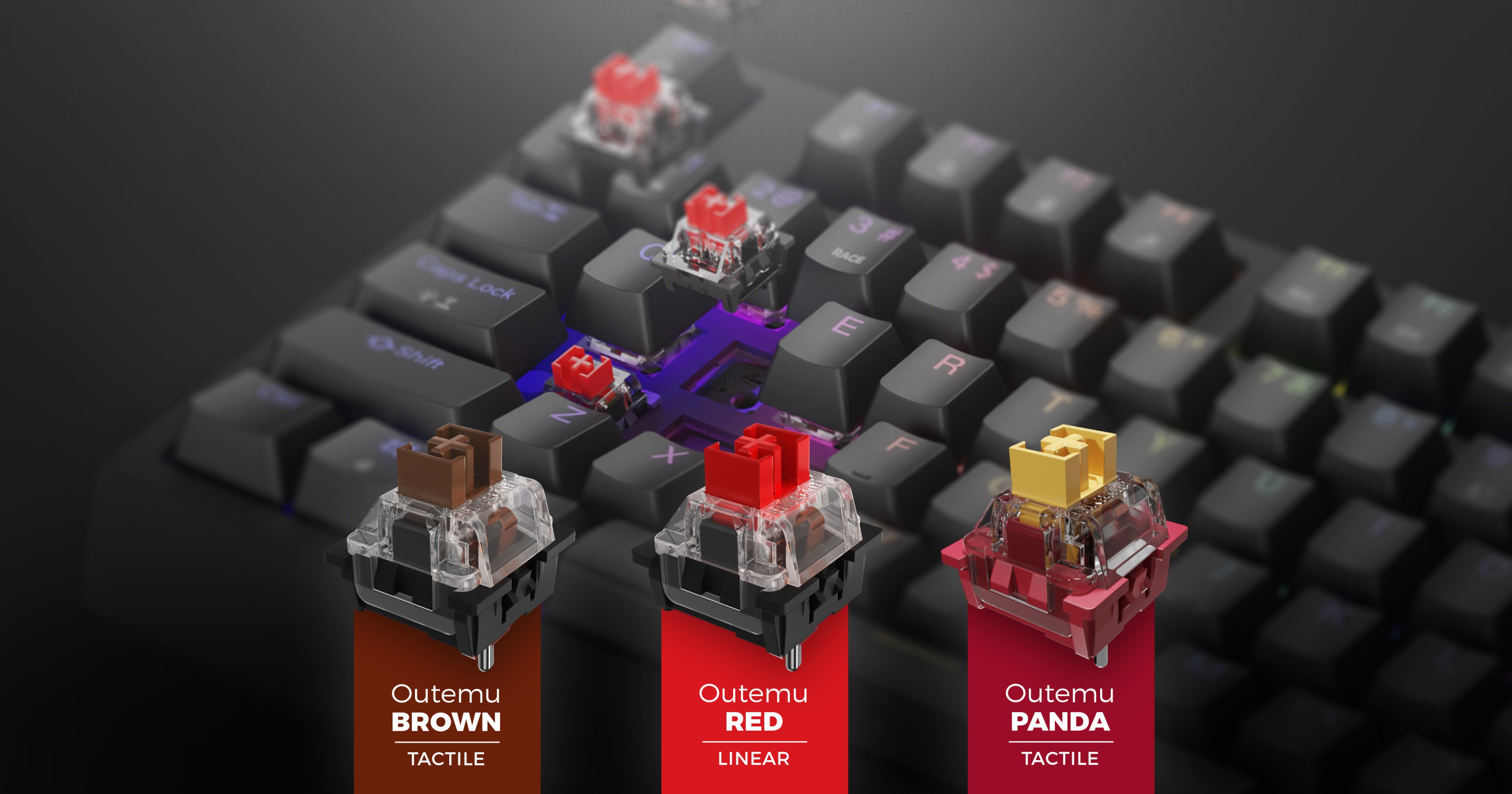 Prim plan al unei tastaturi mecanice cu comutatoare Outemu Red, cu pictograme vizuale pentru comutatoarele Brown și Panda de mai jos